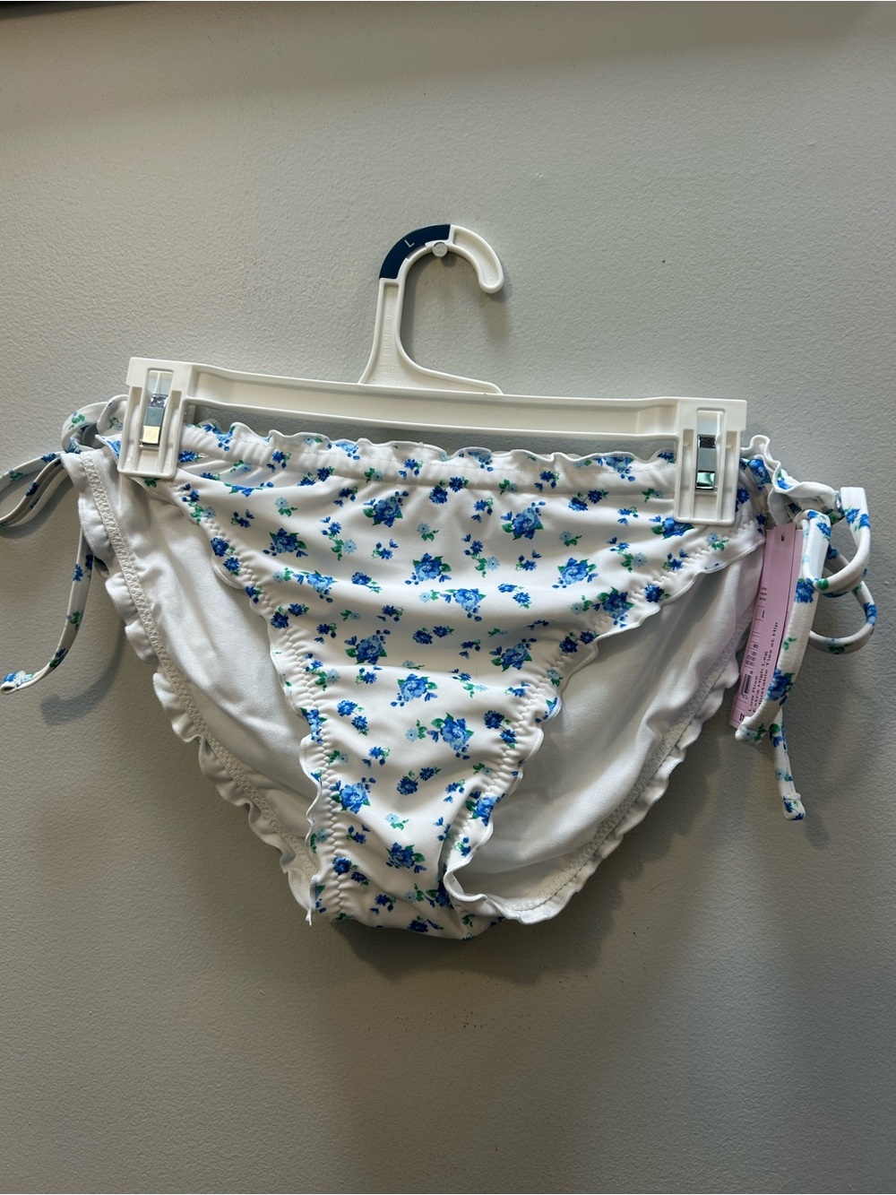 Womens Floral Tie-Side Bikini Bottoms only- White & Blue large